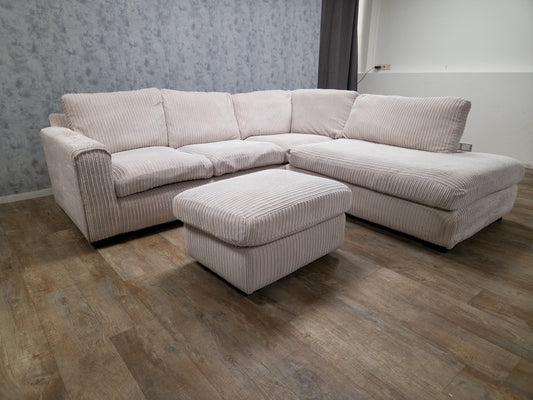 PRACHTIG BEIGE RIBSTOF HOEKBANK met POEF