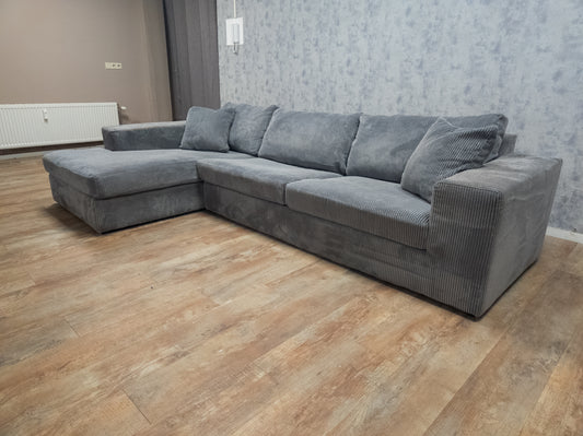 Mooi RIBSTOF Hoekbank in Antraciet - BanxteL - 2dehandse Bankstellen