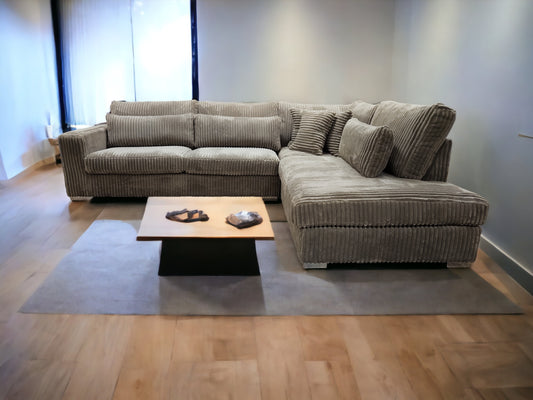 Mega Taupe Fluweel Ribstof Luxe Hoekbank - BanxteL - 2dehandse Bankstellen