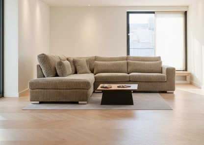 Mega Taupe Fluweel Ribstof Luxe Hoekbank