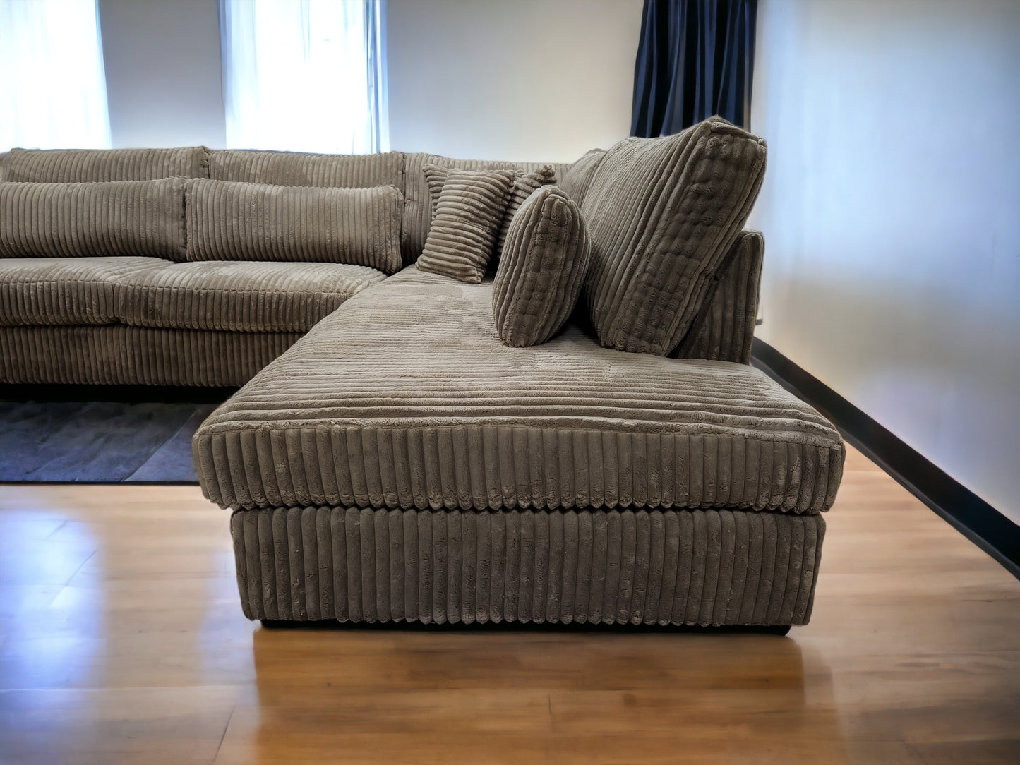 Mega Taupe Fluweel Ribstof Luxe Hoekbank - BanxteL - 2dehandse Bankstellen