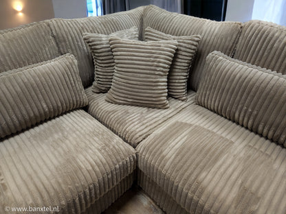 Mega Taupe Fluweel Ribstof Luxe Hoekbank - BanxteL - 2dehandse Bankstellen