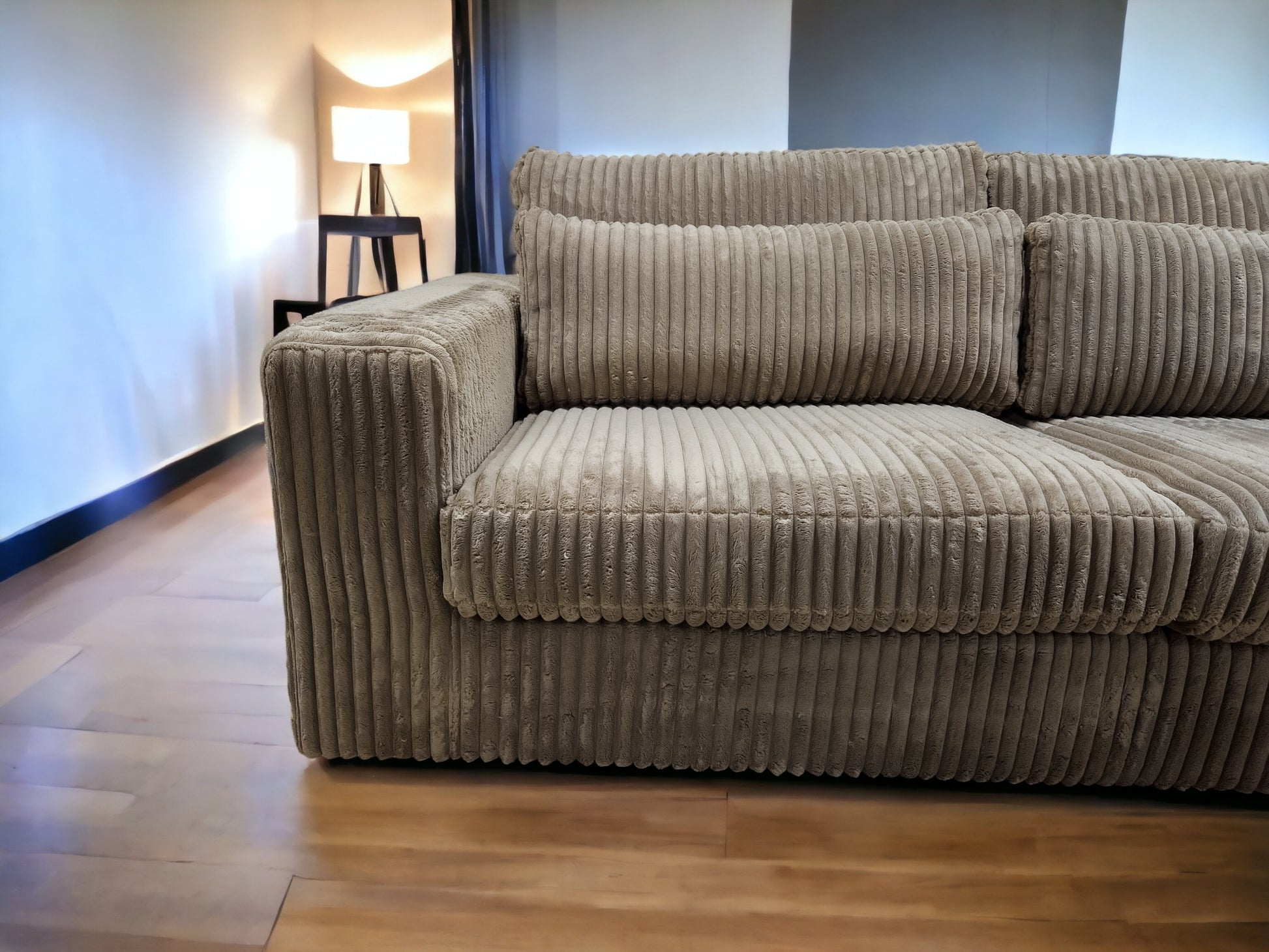 Mega Taupe Fluweel Ribstof Luxe Hoekbank - BanxteL - 2dehandse Bankstellen