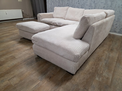 PRACHTIG BEIGE RIBSTOF HOEKBANK met POEF