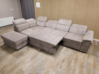 Zeer Mooi Groot Taupe Velvet Hoekbank met Slaapfunctie
